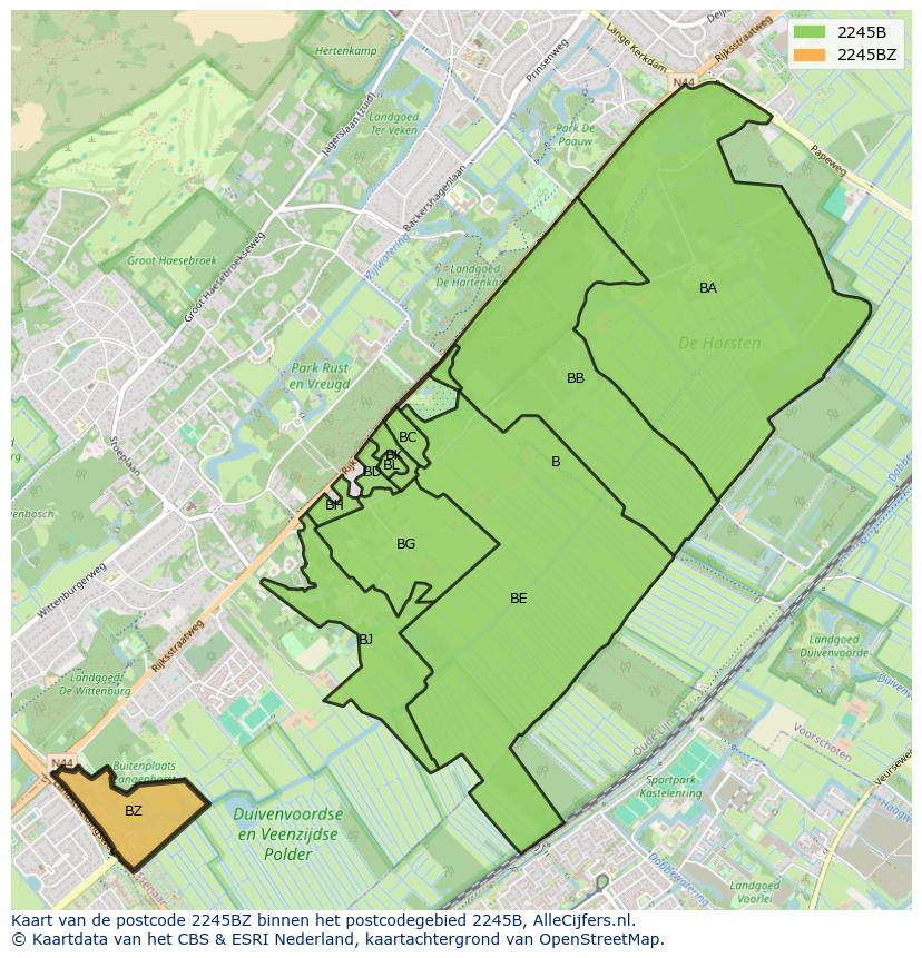 Afbeelding van het postcodegebied 2245 BZ op de kaart.