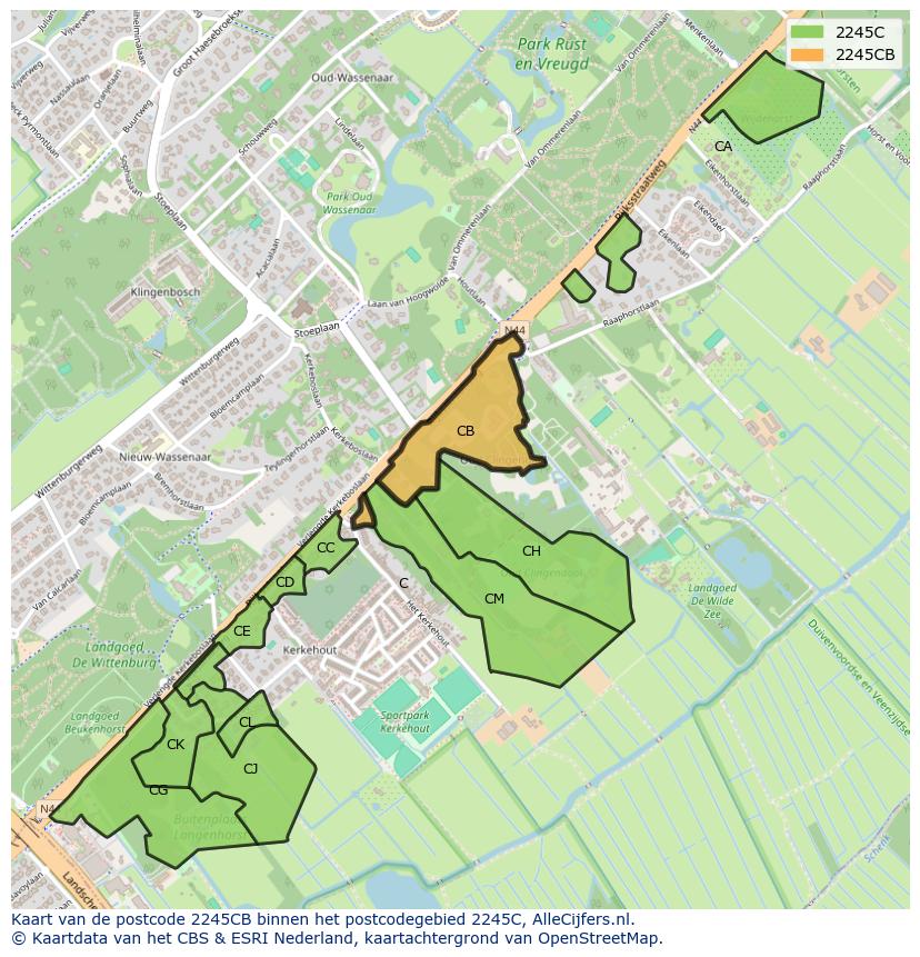 Afbeelding van het postcodegebied 2245 CB op de kaart.