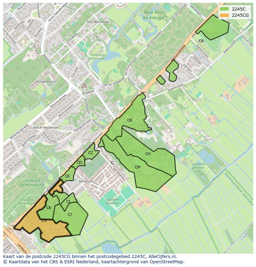 Afbeelding van het postcodegebied 2245 CG op de kaart.