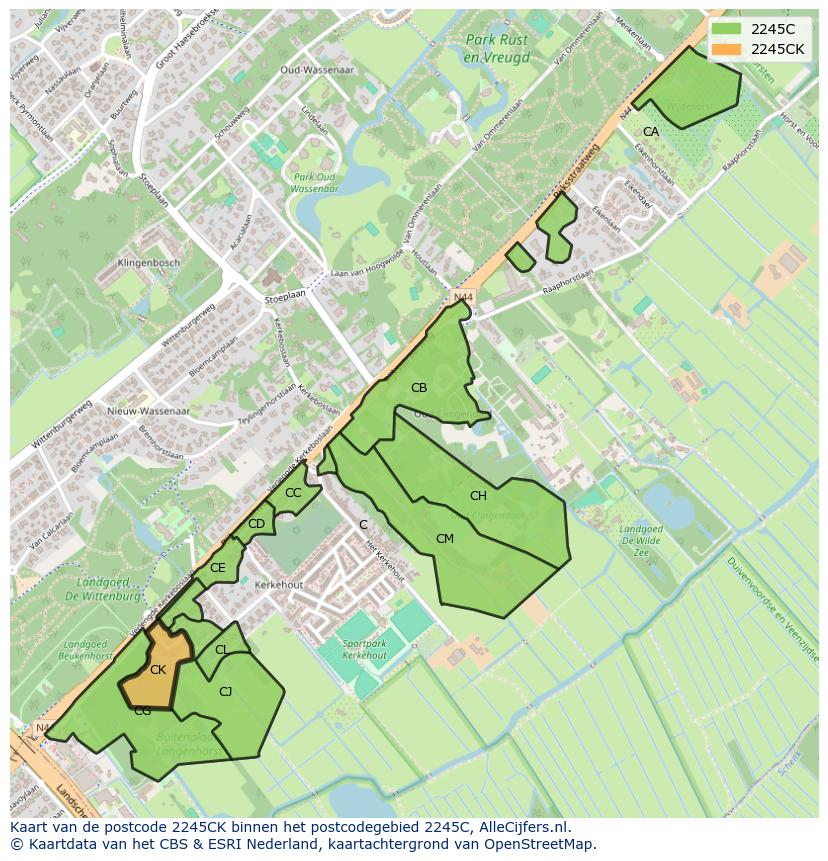 Afbeelding van het postcodegebied 2245 CK op de kaart.