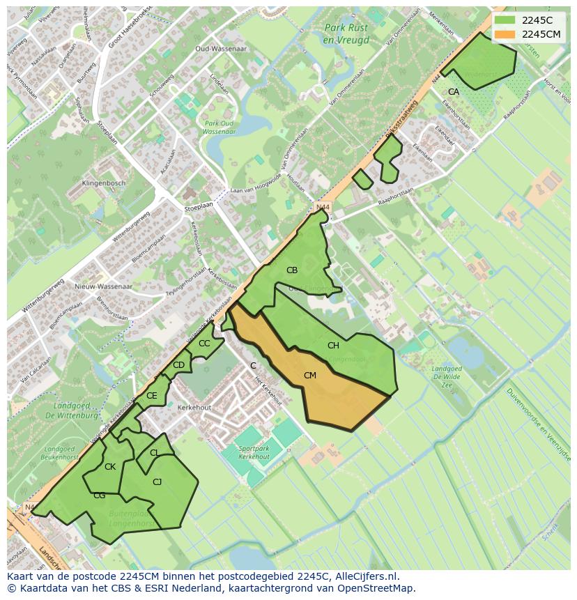Afbeelding van het postcodegebied 2245 CM op de kaart.