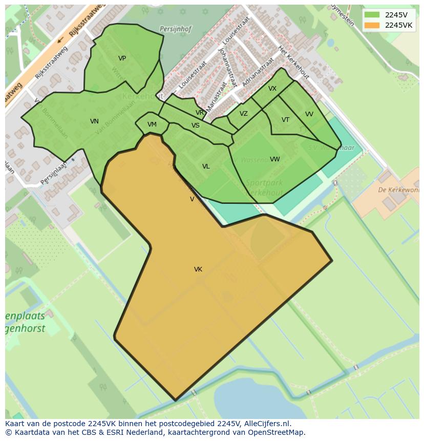 Afbeelding van het postcodegebied 2245 VK op de kaart.