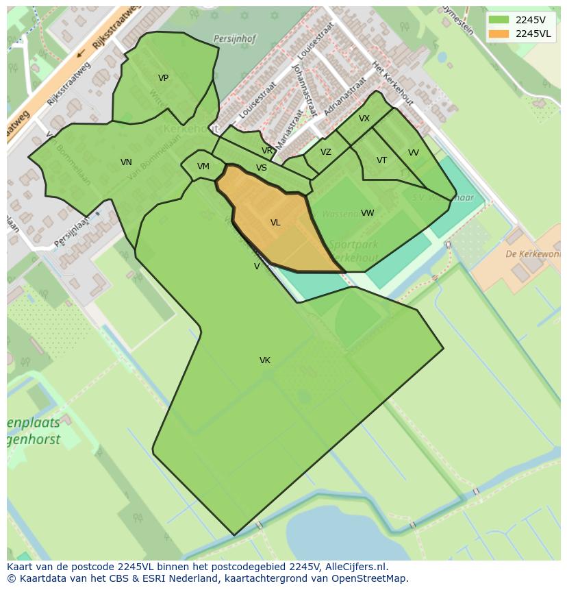 Afbeelding van het postcodegebied 2245 VL op de kaart.