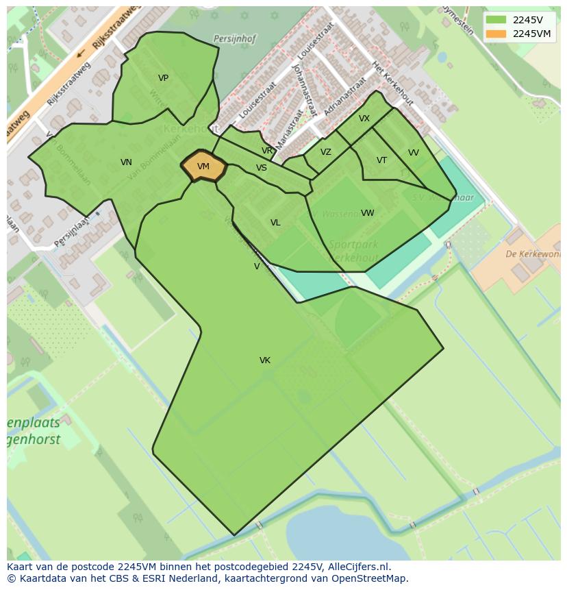 Afbeelding van het postcodegebied 2245 VM op de kaart.