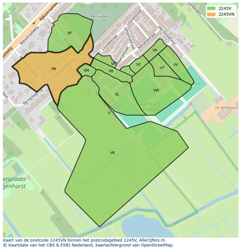 Afbeelding van het postcodegebied 2245 VN op de kaart.