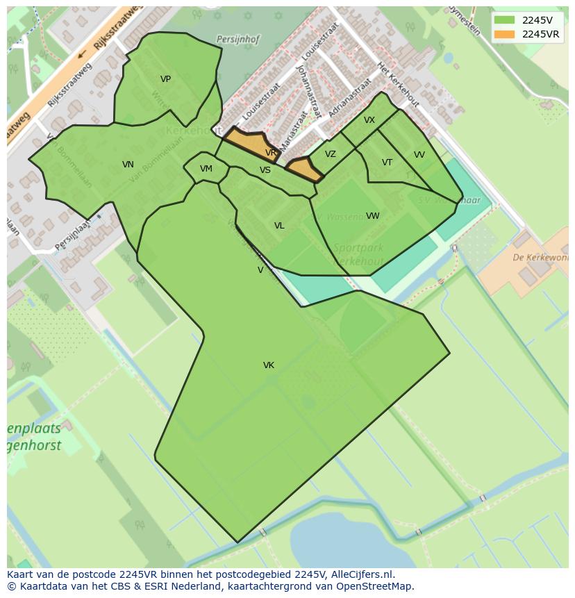 Afbeelding van het postcodegebied 2245 VR op de kaart.