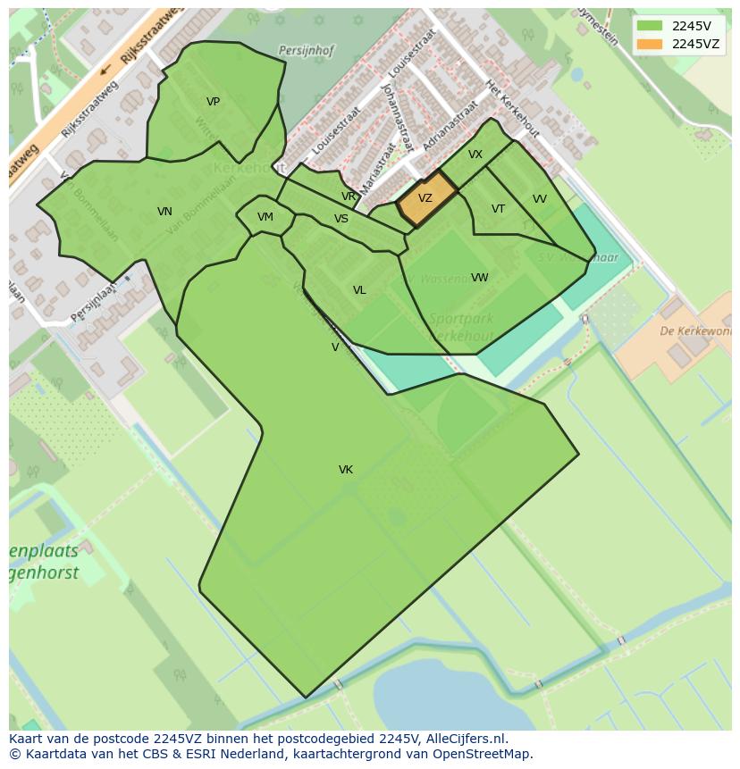 Afbeelding van het postcodegebied 2245 VZ op de kaart.
