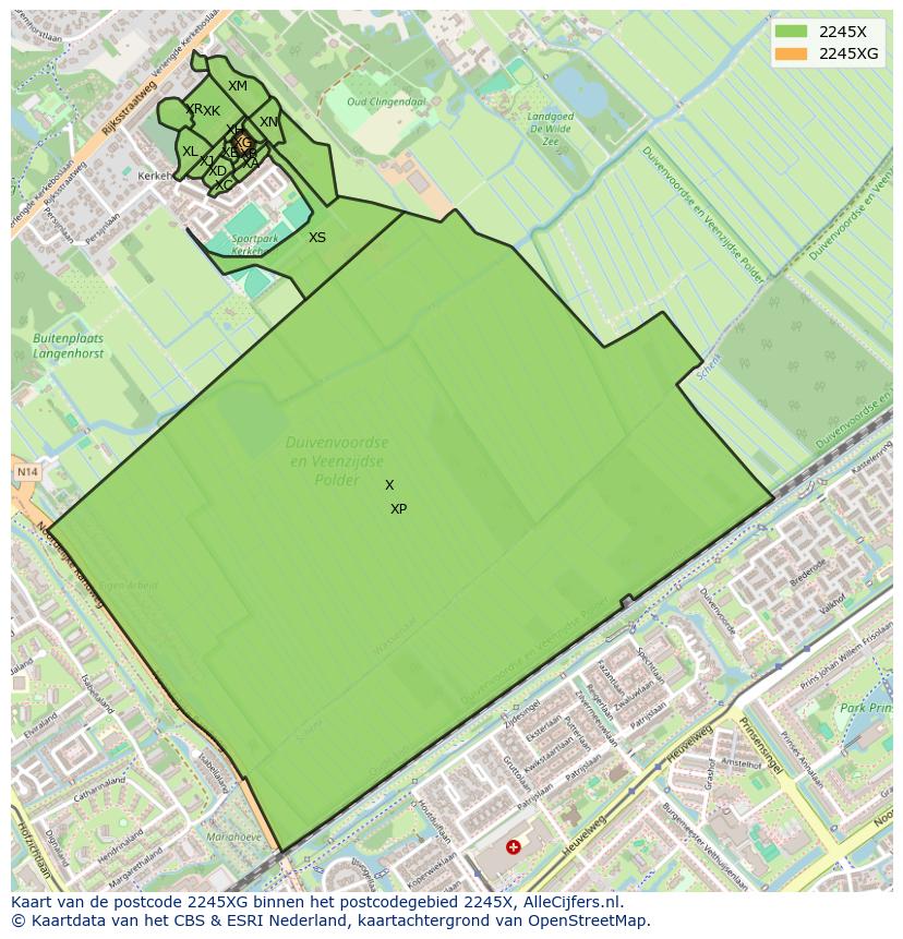 Afbeelding van het postcodegebied 2245 XG op de kaart.