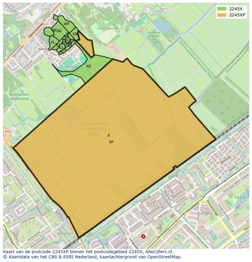 Afbeelding van het postcodegebied 2245 XP op de kaart.