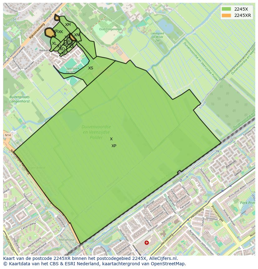 Afbeelding van het postcodegebied 2245 XR op de kaart.