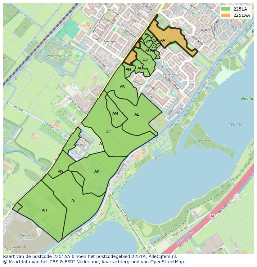 Afbeelding van het postcodegebied 2251 AA op de kaart.