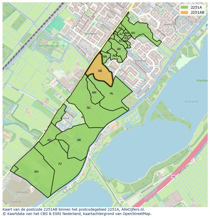 Afbeelding van het postcodegebied 2251 AB op de kaart.