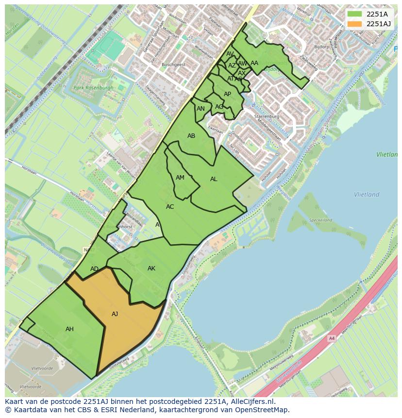 Afbeelding van het postcodegebied 2251 AJ op de kaart.