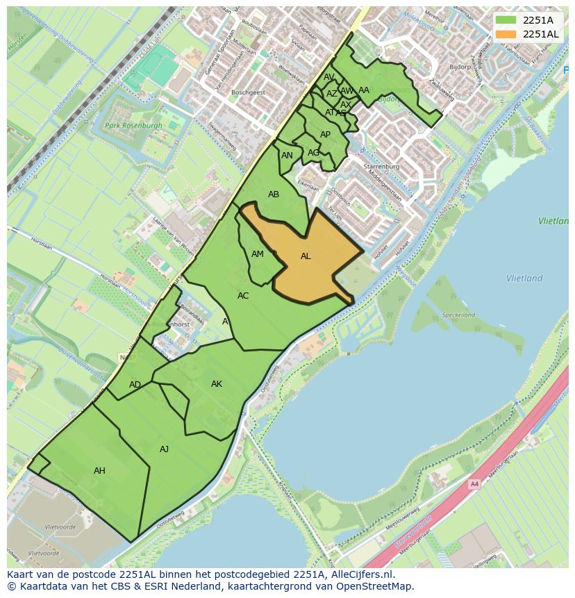 Afbeelding van het postcodegebied 2251 AL op de kaart.