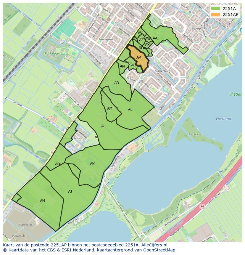 Afbeelding van het postcodegebied 2251 AP op de kaart.