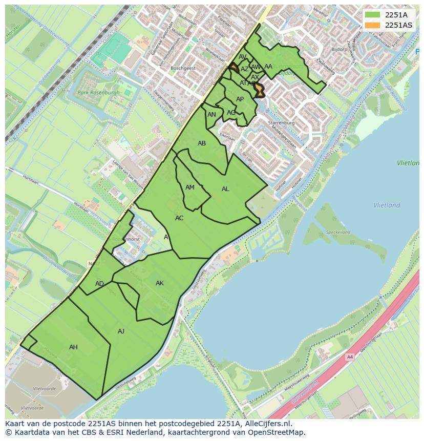 Afbeelding van het postcodegebied 2251 AS op de kaart.