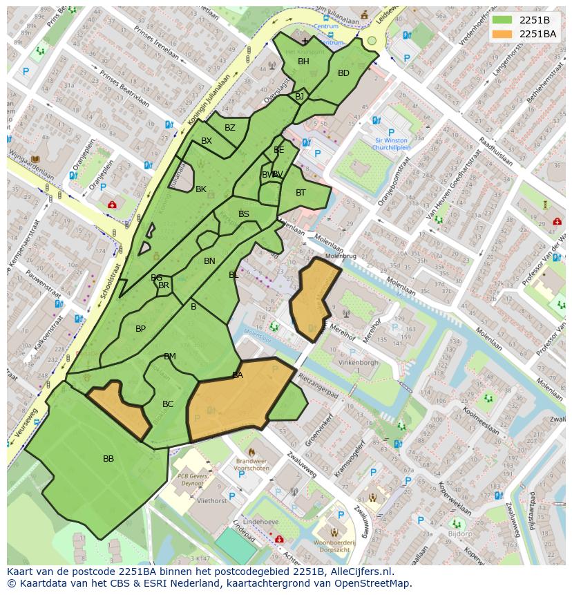 Afbeelding van het postcodegebied 2251 BA op de kaart.