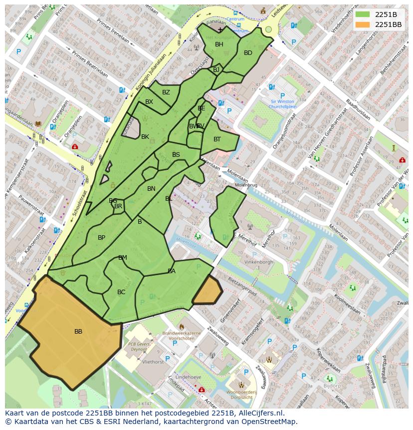 Afbeelding van het postcodegebied 2251 BB op de kaart.