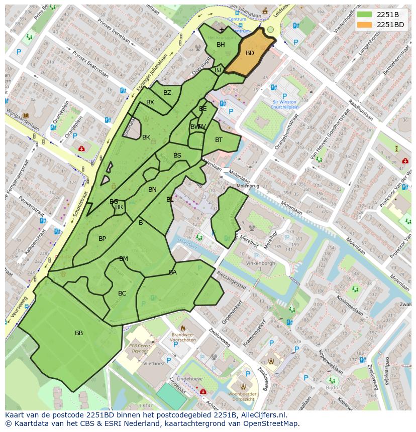 Afbeelding van het postcodegebied 2251 BD op de kaart.