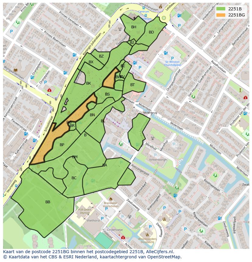 Afbeelding van het postcodegebied 2251 BG op de kaart.