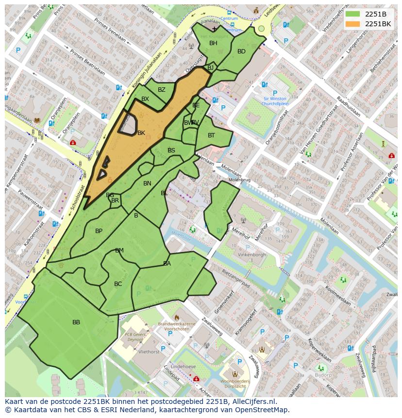 Afbeelding van het postcodegebied 2251 BK op de kaart.