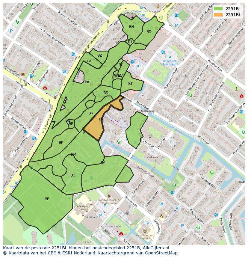 Afbeelding van het postcodegebied 2251 BL op de kaart.