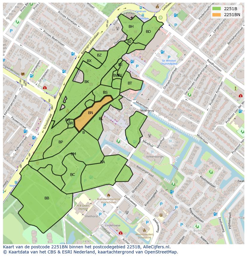 Afbeelding van het postcodegebied 2251 BN op de kaart.