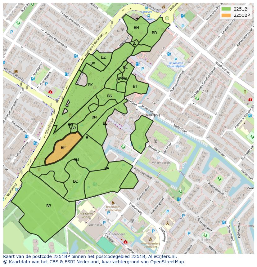 Afbeelding van het postcodegebied 2251 BP op de kaart.