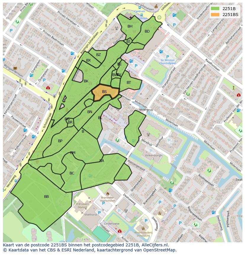 Afbeelding van het postcodegebied 2251 BS op de kaart.