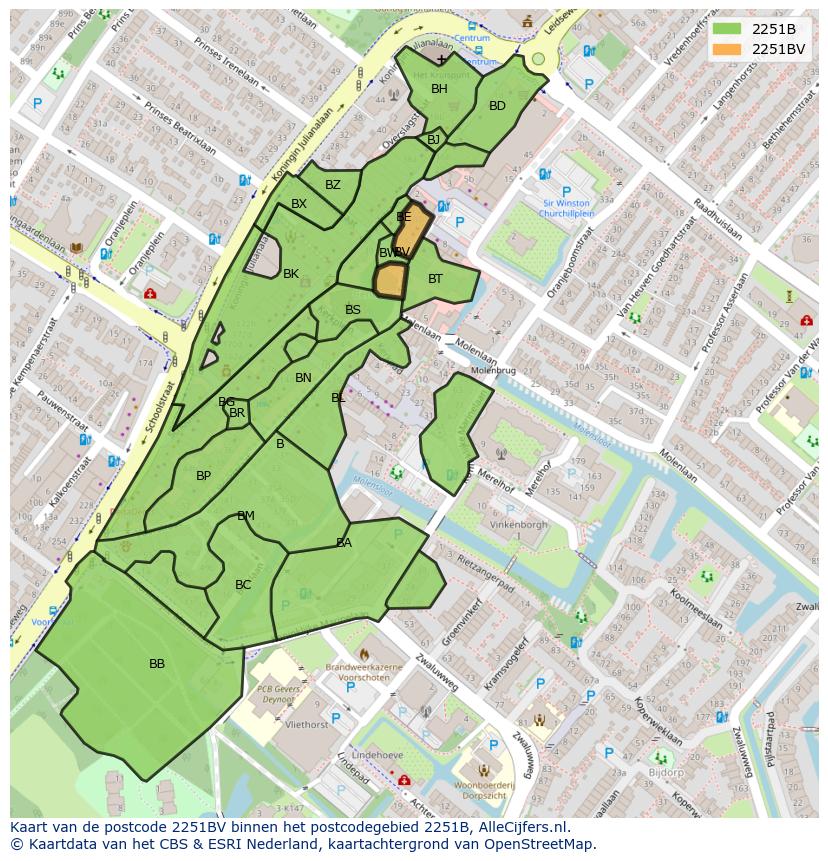 Afbeelding van het postcodegebied 2251 BV op de kaart.