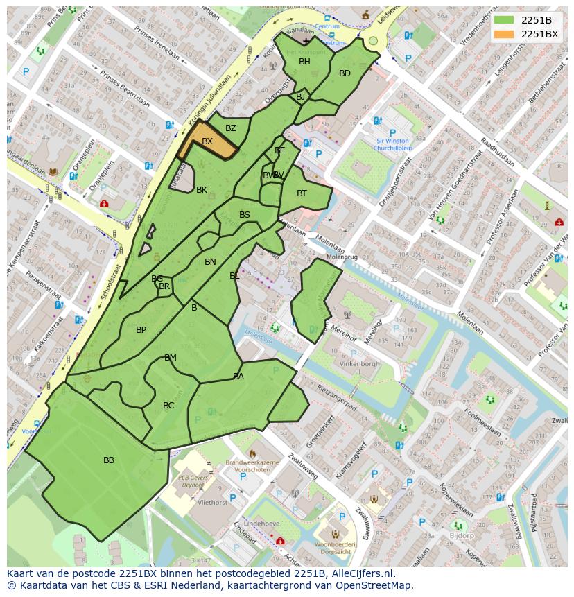 Afbeelding van het postcodegebied 2251 BX op de kaart.
