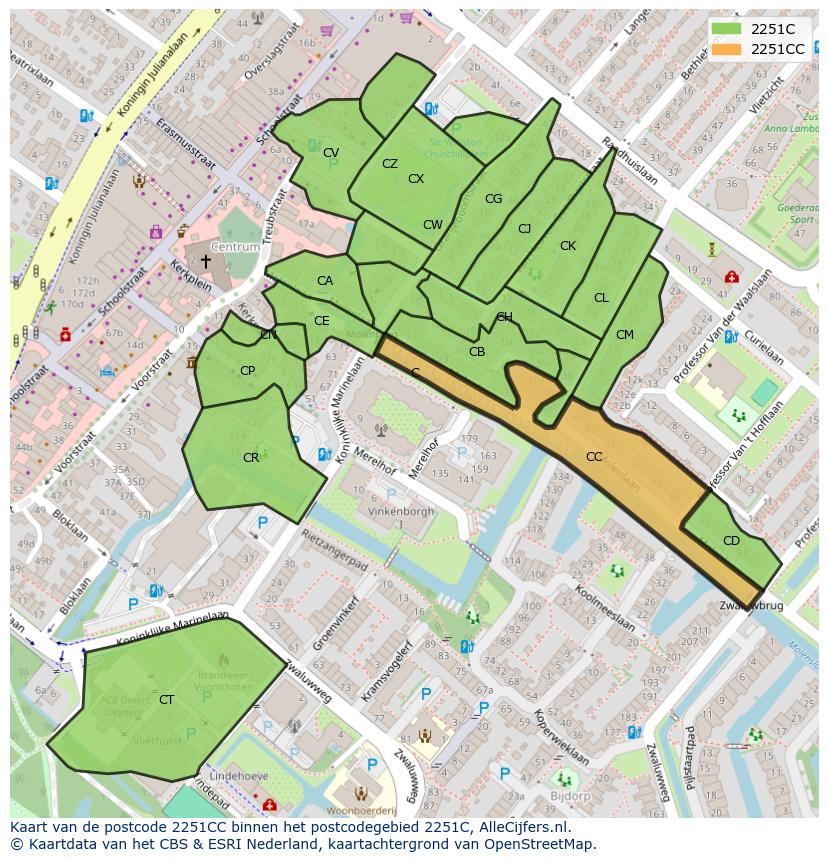 Afbeelding van het postcodegebied 2251 CC op de kaart.