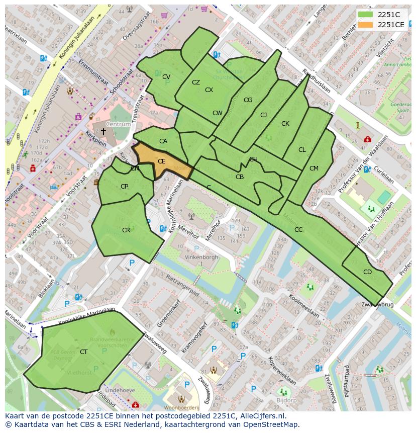 Afbeelding van het postcodegebied 2251 CE op de kaart.