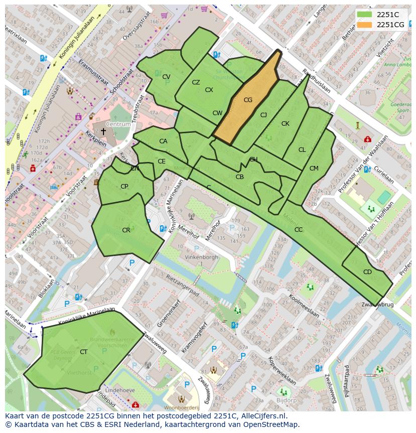 Afbeelding van het postcodegebied 2251 CG op de kaart.