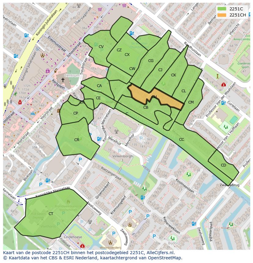 Afbeelding van het postcodegebied 2251 CH op de kaart.