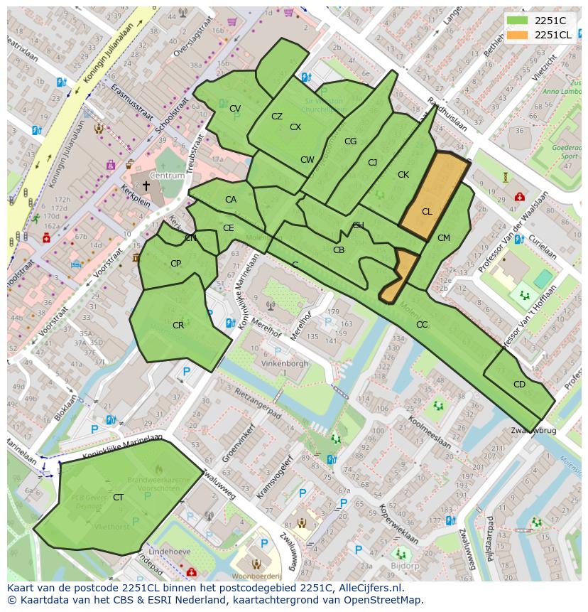 Afbeelding van het postcodegebied 2251 CL op de kaart.