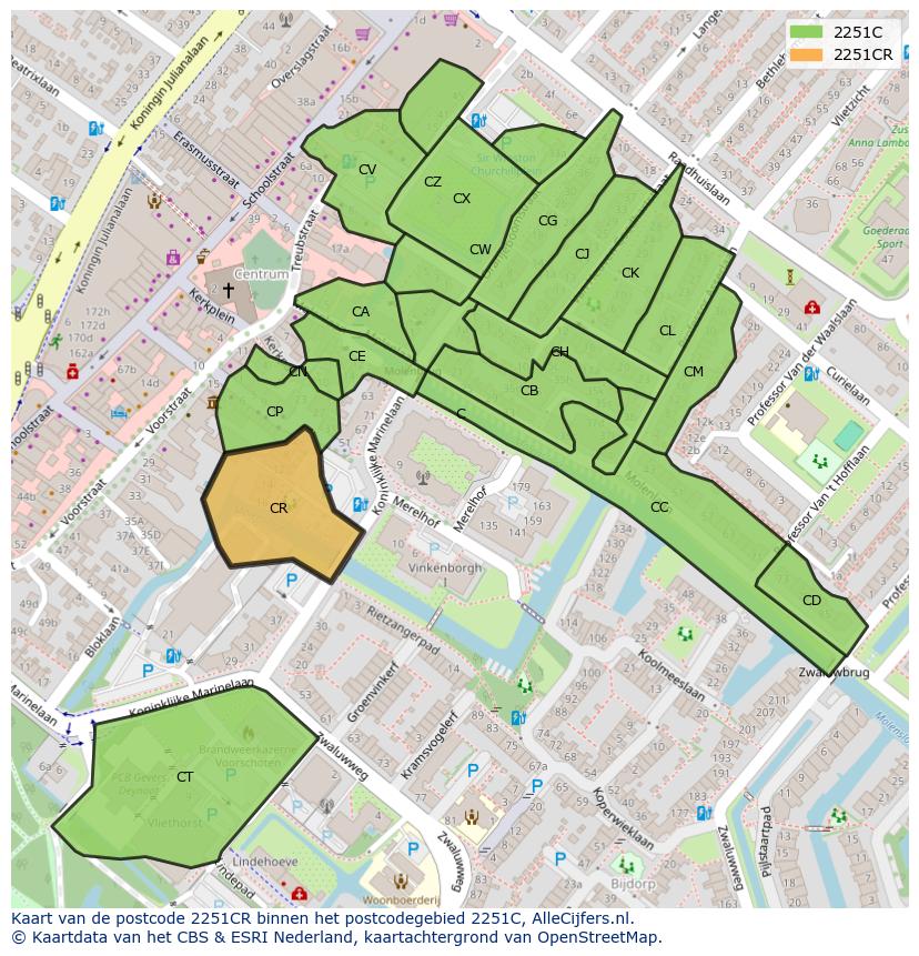 Afbeelding van het postcodegebied 2251 CR op de kaart.