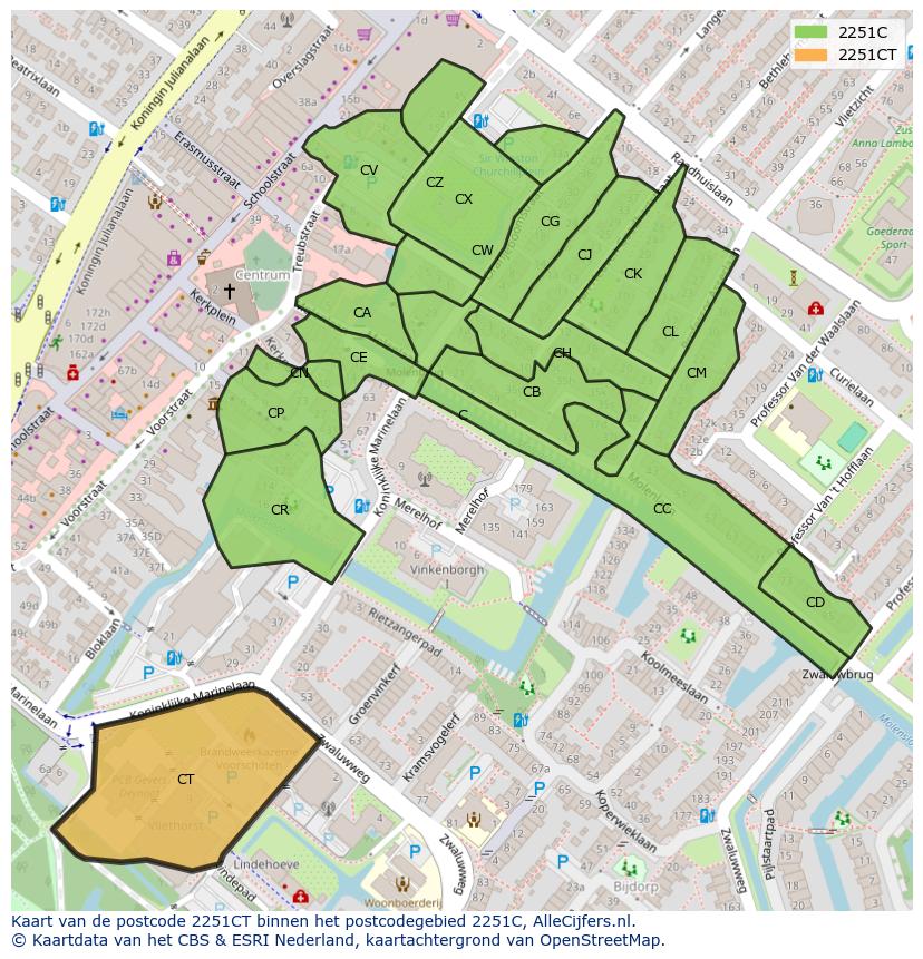 Afbeelding van het postcodegebied 2251 CT op de kaart.
