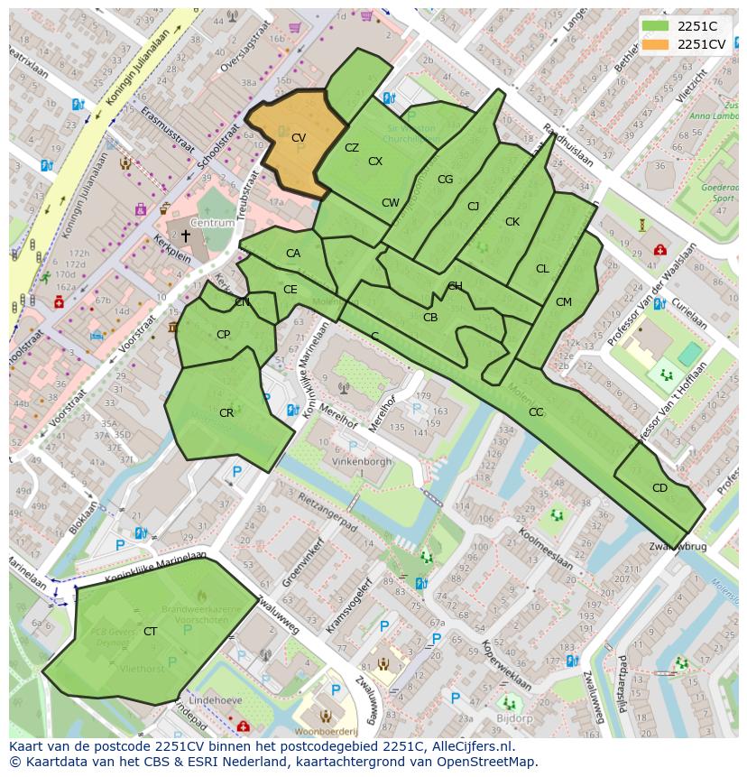 Afbeelding van het postcodegebied 2251 CV op de kaart.