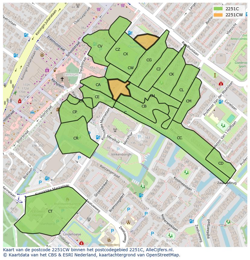 Afbeelding van het postcodegebied 2251 CW op de kaart.