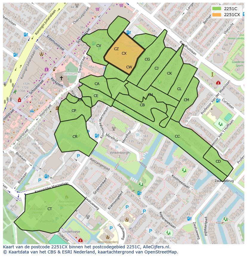 Afbeelding van het postcodegebied 2251 CX op de kaart.