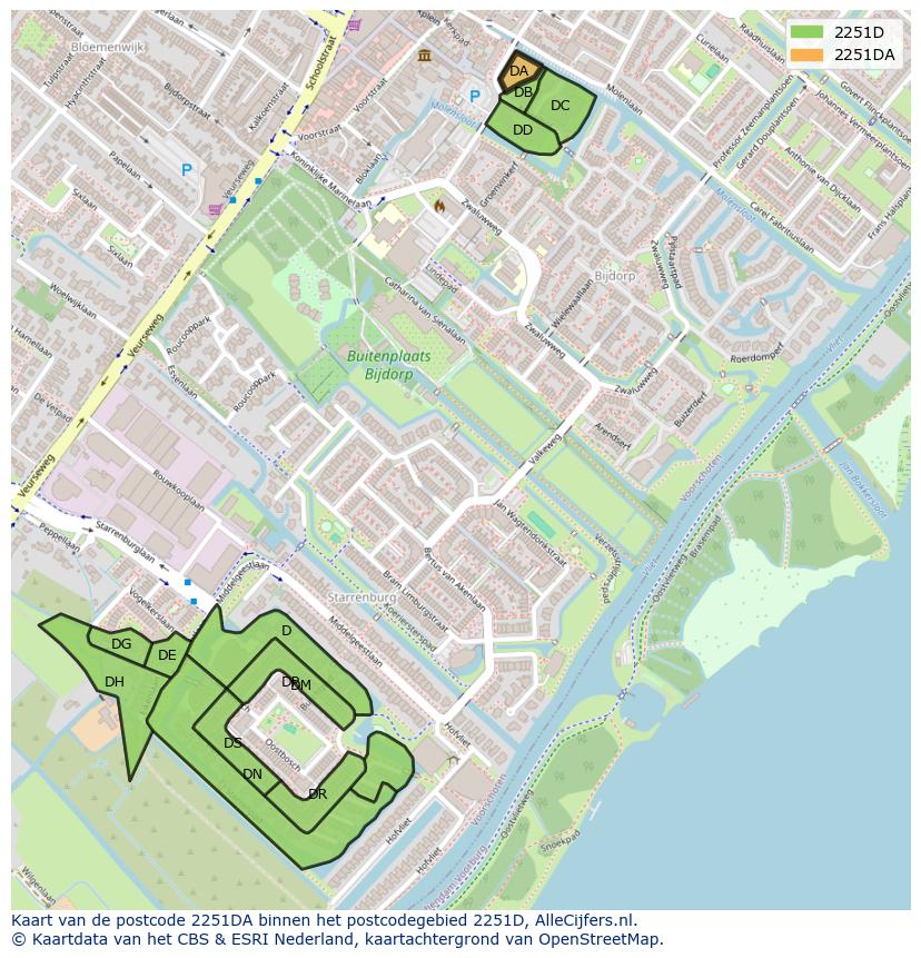 Afbeelding van het postcodegebied 2251 DA op de kaart.