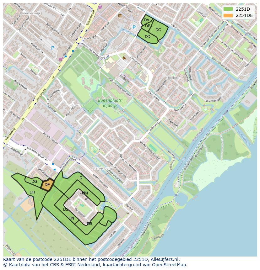 Afbeelding van het postcodegebied 2251 DE op de kaart.