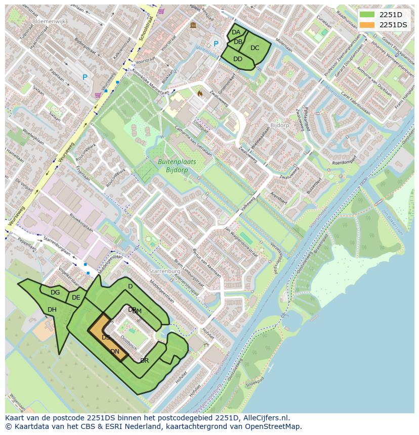Afbeelding van het postcodegebied 2251 DS op de kaart.