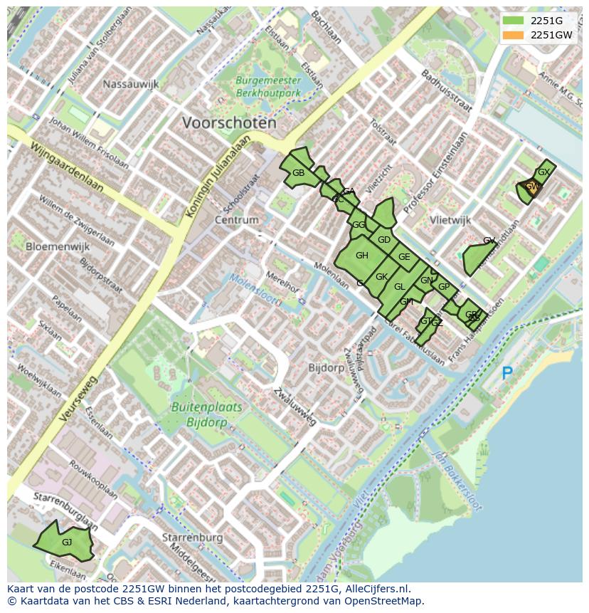 Afbeelding van het postcodegebied 2251 GW op de kaart.