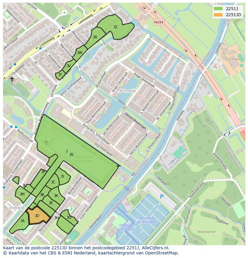 Afbeelding van het postcodegebied 2251 JD op de kaart.