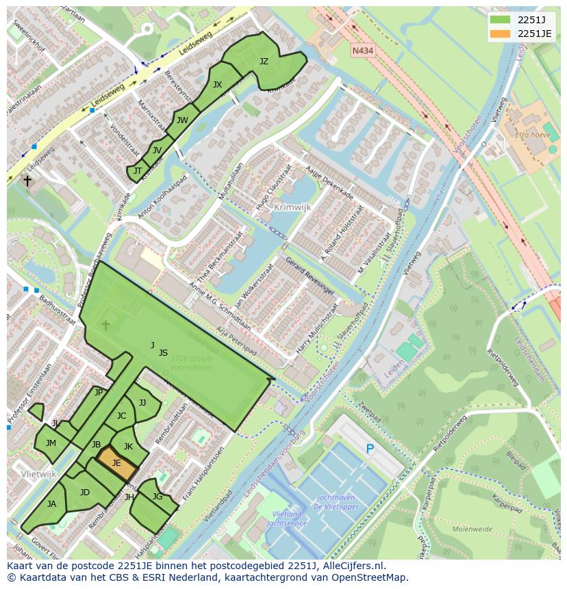 Afbeelding van het postcodegebied 2251 JE op de kaart.