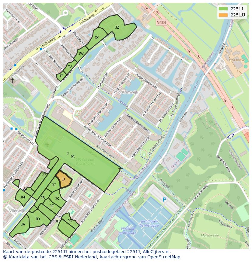 Afbeelding van het postcodegebied 2251 JJ op de kaart.