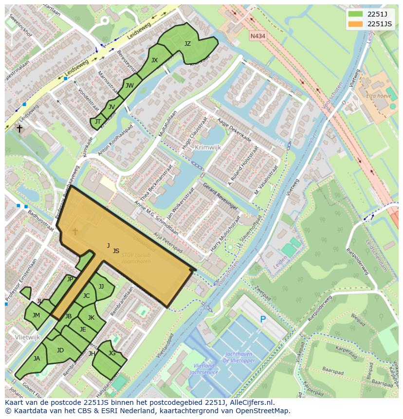 Afbeelding van het postcodegebied 2251 JS op de kaart.