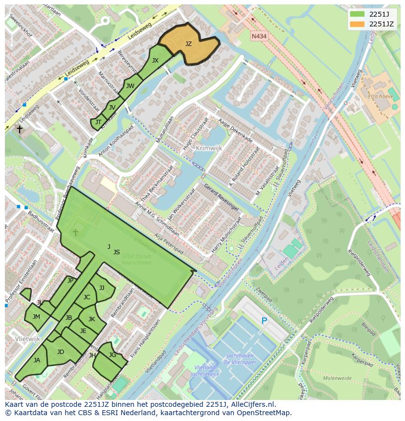 Afbeelding van het postcodegebied 2251 JZ op de kaart.